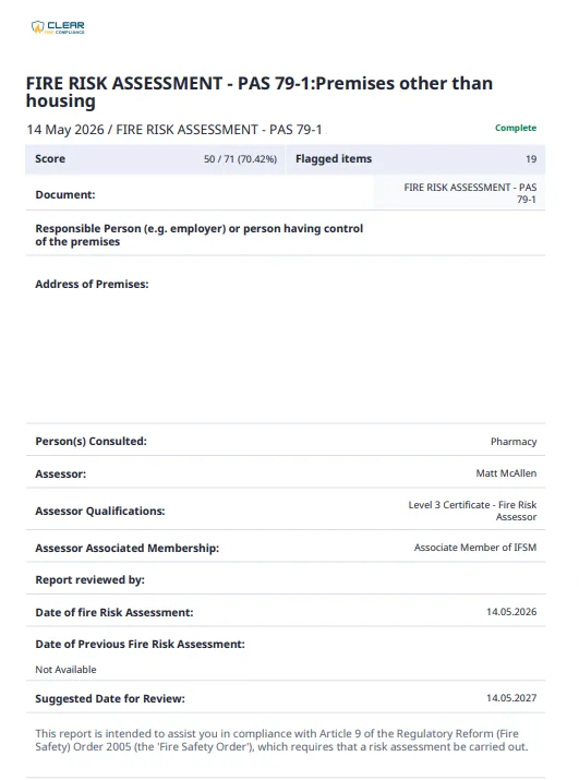 Sample fire risk assessment — front sheet and summary page