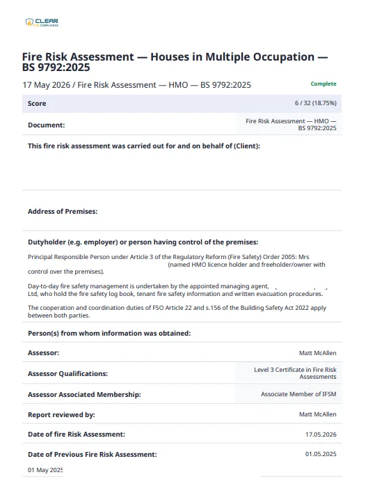 Sample HMO fire risk assessment — front sheet